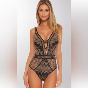 BECCA Black and Nude Plunge Swimsuit. Size M. NWT